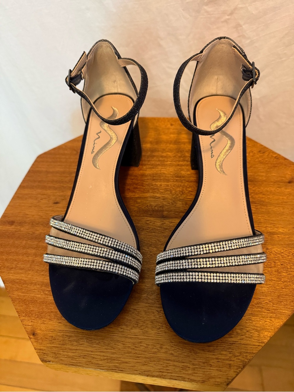 Nina Navy blue and silver Block Heel Sandals with Crystal Straps